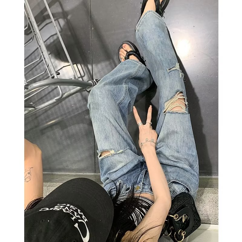 Cross-Border plus Size Fat Sister High Waist Ripped Jeans Women's Loose Straight Trousers Wide Leg Pants Daddy Pants Pants in