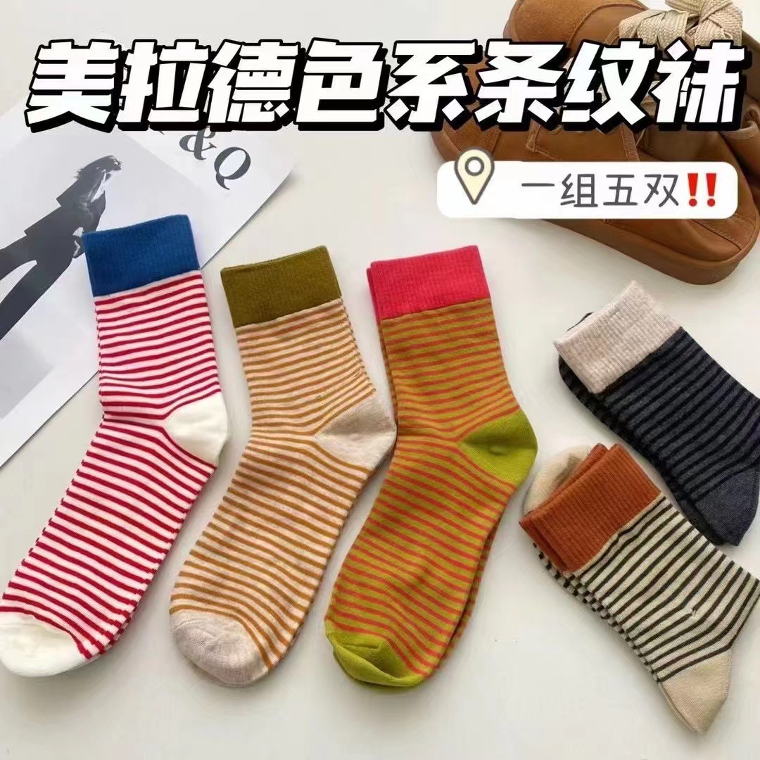 条纹袜子女2024春夏新款长筒袜ins潮网红韩国东大门学院风美拉的