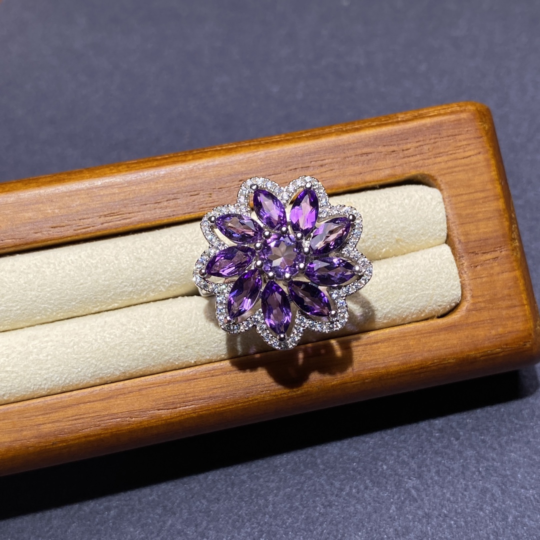天然彩宝紫水晶戒指花朵造型s925纯银戒托活口可调节女戒首饰礼物