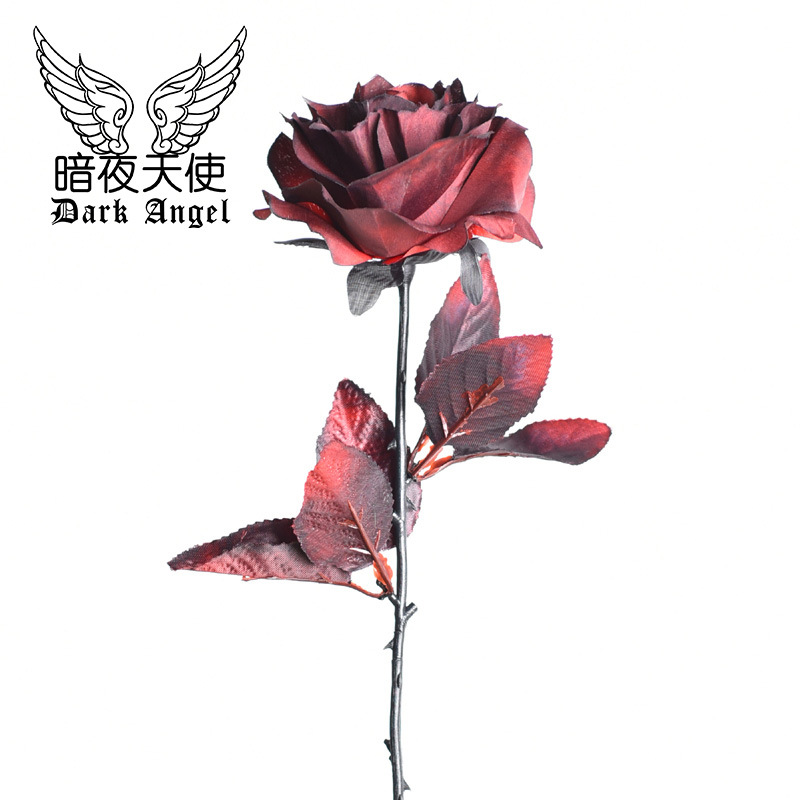 深情红色仿真玫瑰花暗红色拍照摄影道具哥特风假干花束不良jk装饰