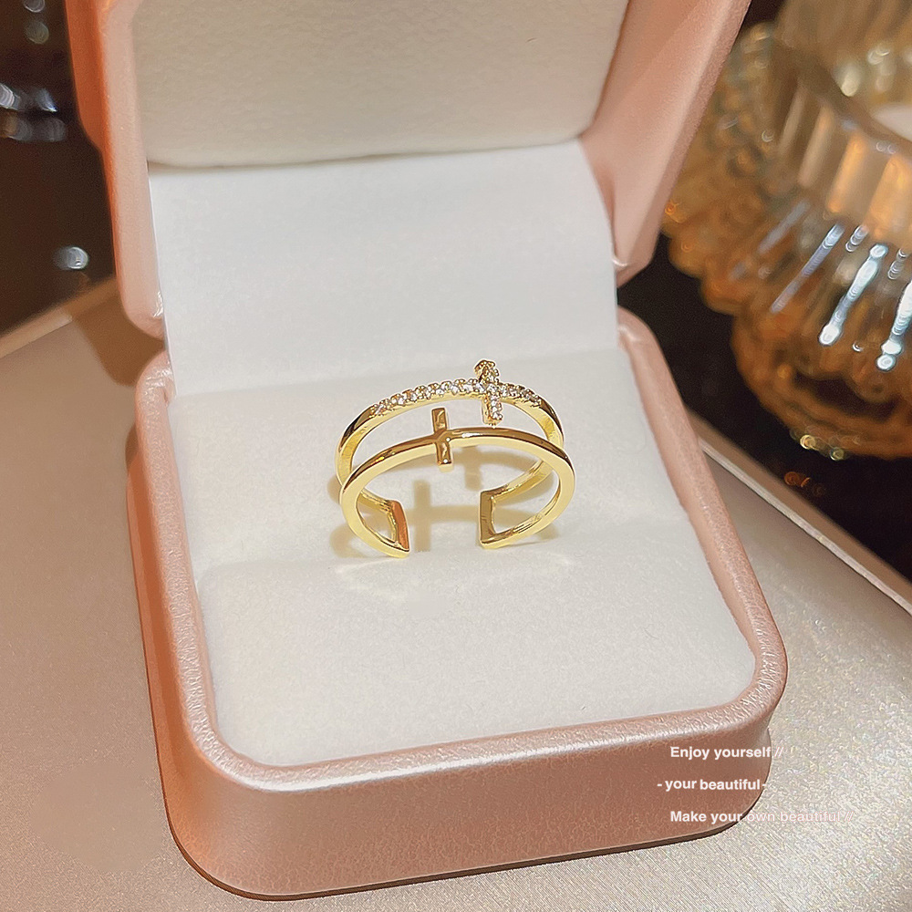 Xiaohongshu Popular Copper Inlaid Zircon Ring Female Niche High-Grade Light Luxury Design Open Adjustable Couple Couple Rings