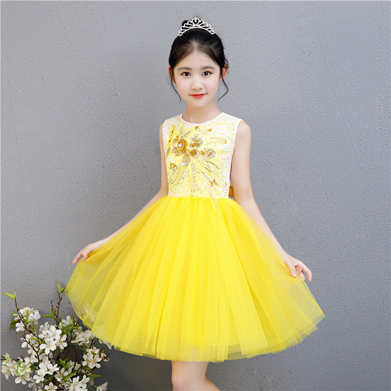 六一儿童黄色亮片演出服幼儿园舞蹈小学生大合唱表演女童蓬蓬纱裙