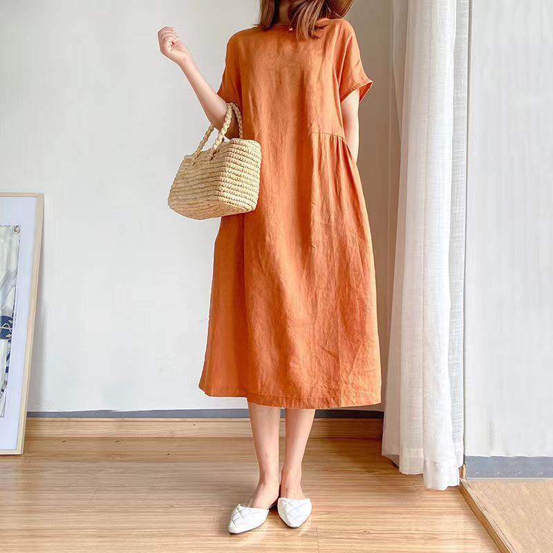 Simple Art-Style Loose Slimming Cotton Dress Women's Summer 2023 New Large Size Plump Girls Mid-Length Dress