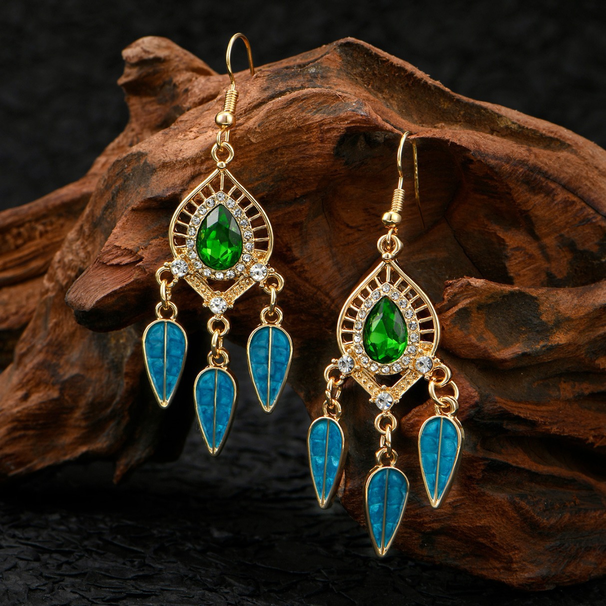 速卖通热销名族风复古羽毛水滴耳环长款微镶钻度假沙滩流苏耳坠