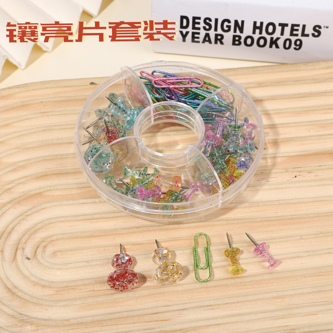 Creative Rose Pattern Push Pin Set Transparent Inlaid Sequins Push Pin Clip Office Four Grid Sets