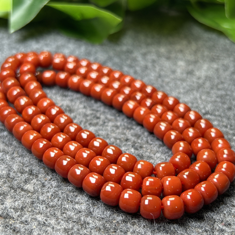 满肉天然南红玛瑙108颗佛珠手链九口料 柿子红樱桃红原矿玛瑙饰品