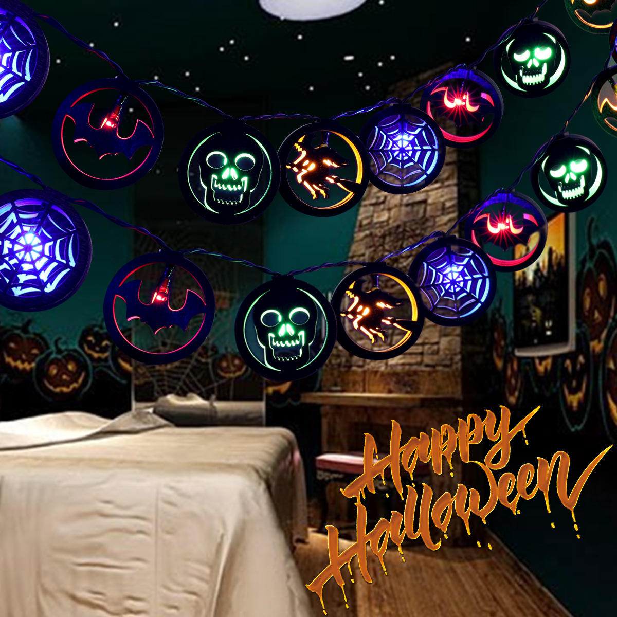 星星灯led灯串酒吧装饰彩灯跨境电池灯万圣节日氛围灯发光蜘蛛网