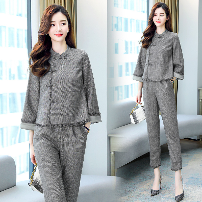 复古女士套装春秋季时尚洋气旗袍改良两件套长裤套装女民族两件套