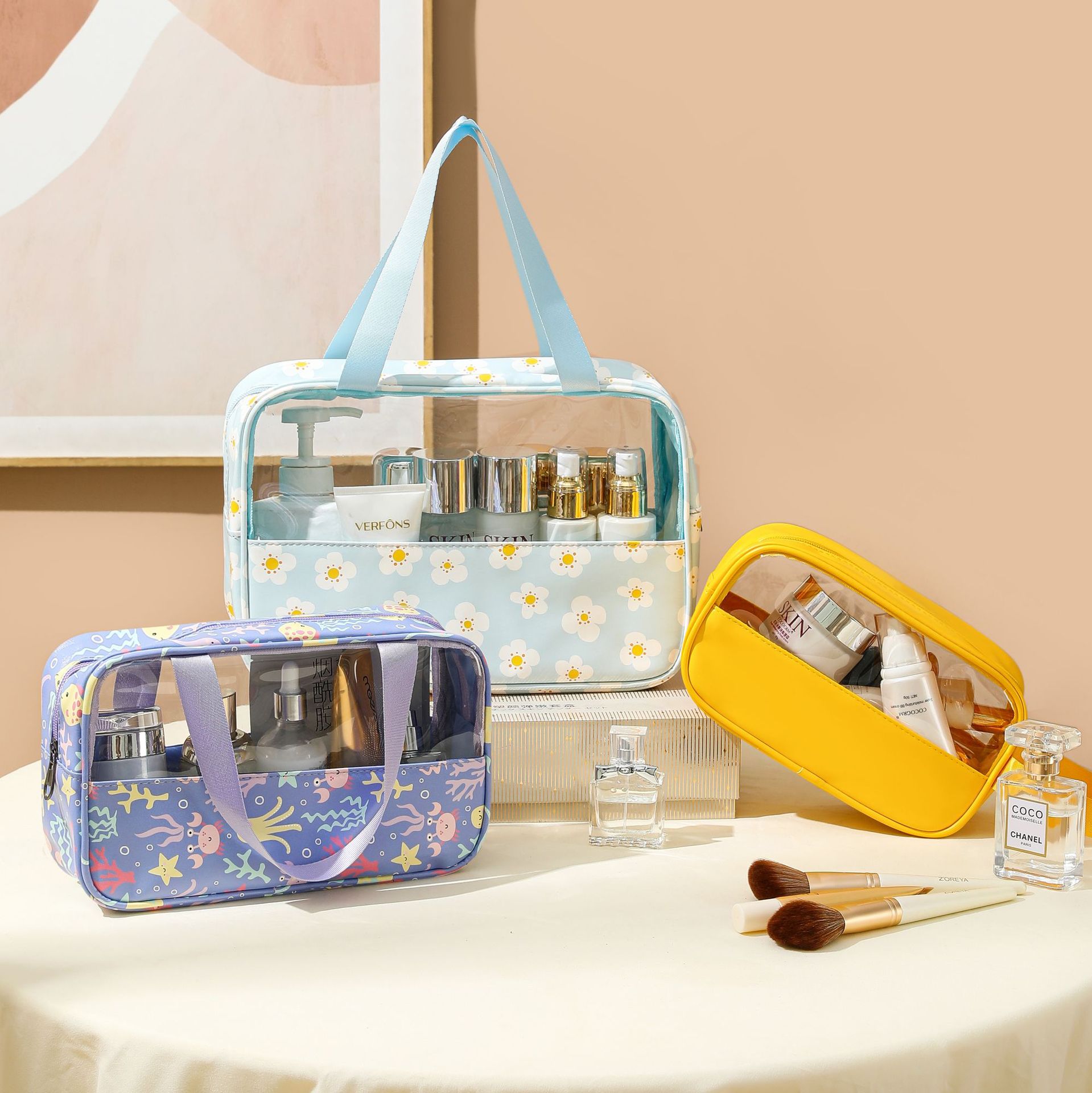 Printing Transparent Cosmetic Bag Waterproof Stitching Wash Bag Large Capacity Travel Buggy Bag Portable Storage Bag