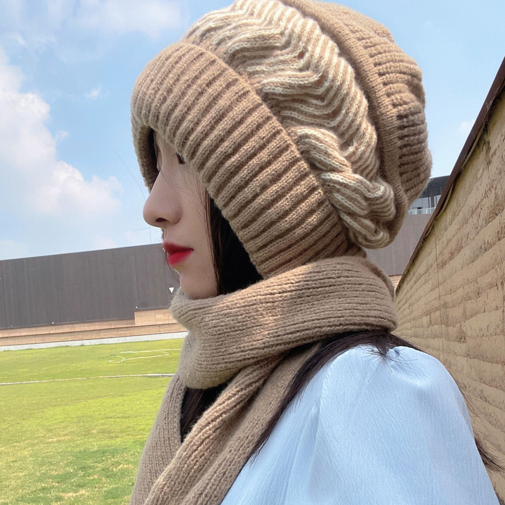 冬季新款女帽子围巾一体韩版保暖针织毛线连帽加绒加厚护耳套头帽