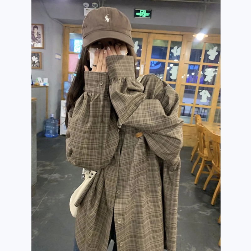 美式复古格子衬衫外套女宽松衬衣上衣秋季新款时尚百搭设计感上衣
