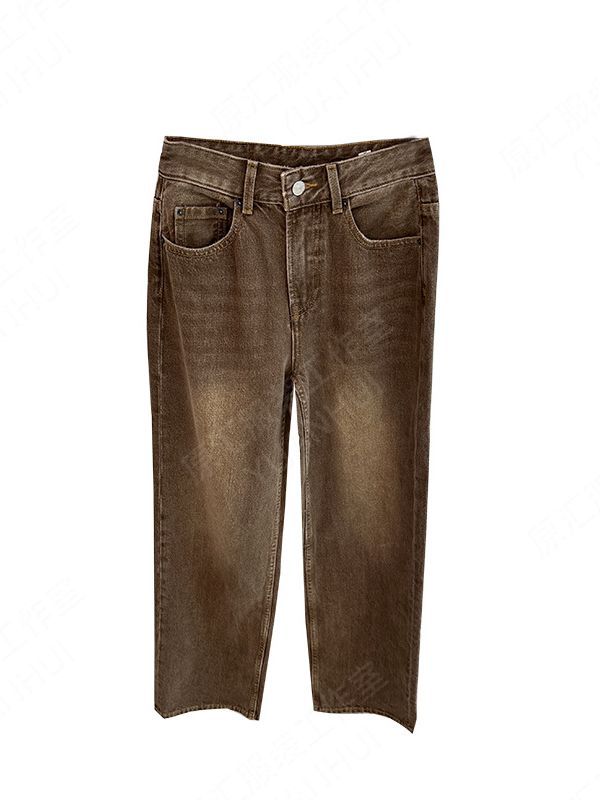 Spicy and Age-Reducing Style 23 Nordic Basic Straight Style Earth-Colored Washed Cotton Lazy Mid-Waist Designer Jeans