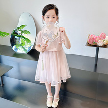 女童新中式连衣裙2024新款中小童时髦洋气国风复古假两件网纱裙子