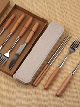 木柄西餐餐具套装牛排刀叉两件套不锈钢勺子筷子三四学生便携礼盒