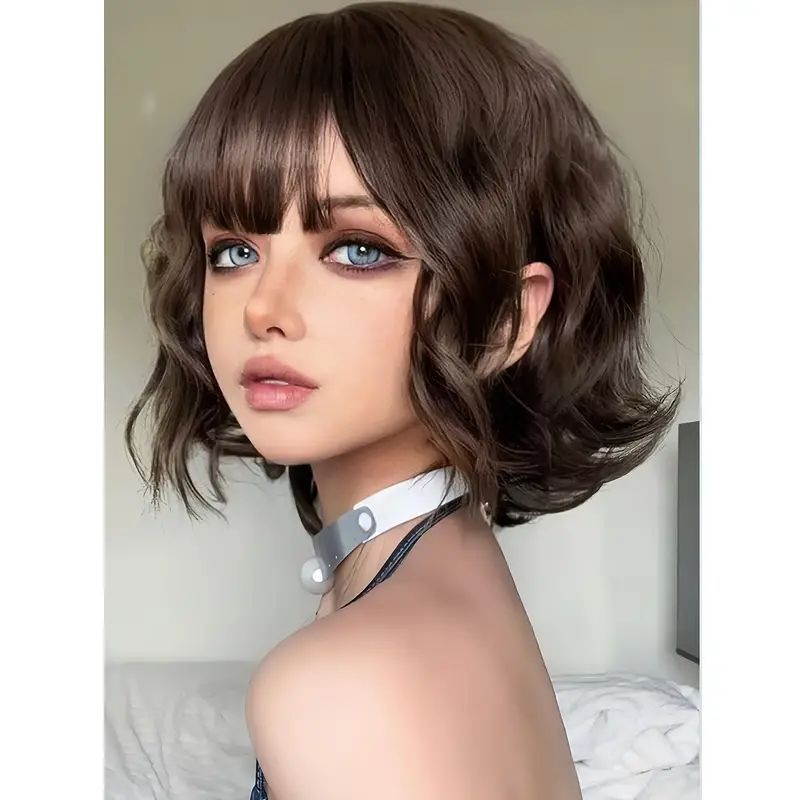 韩漫刘海纹理烫短卷发咖啡色女士波波头短发修饰脸型耐热化纤假发
