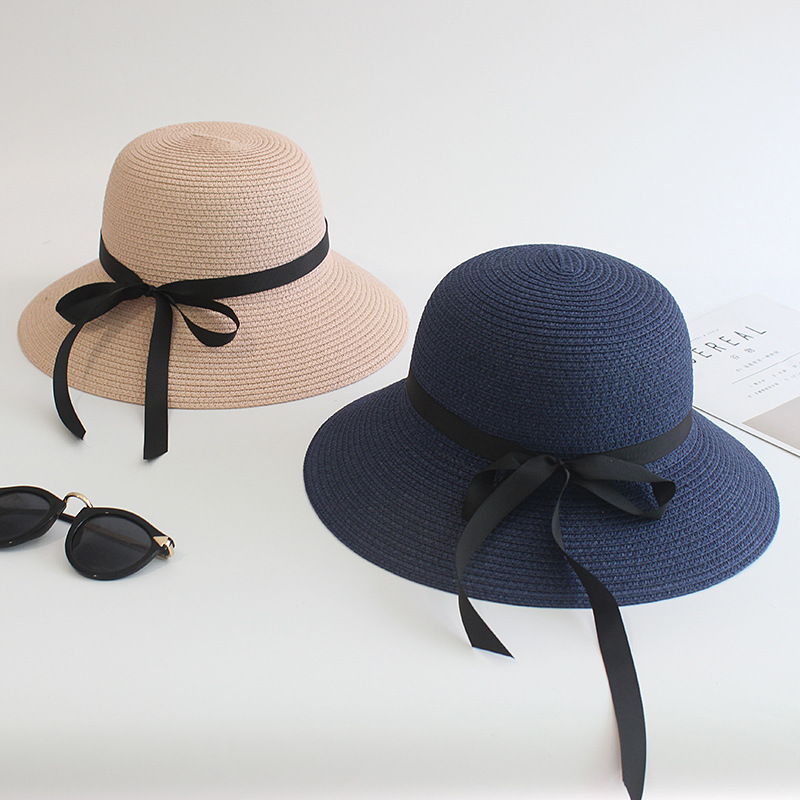 Summer Female Sun Hat Black Ribbon Bow Wide Brim Hat Japanese Adult Bucket Hat Female Sun Protection Folding Sun Hat