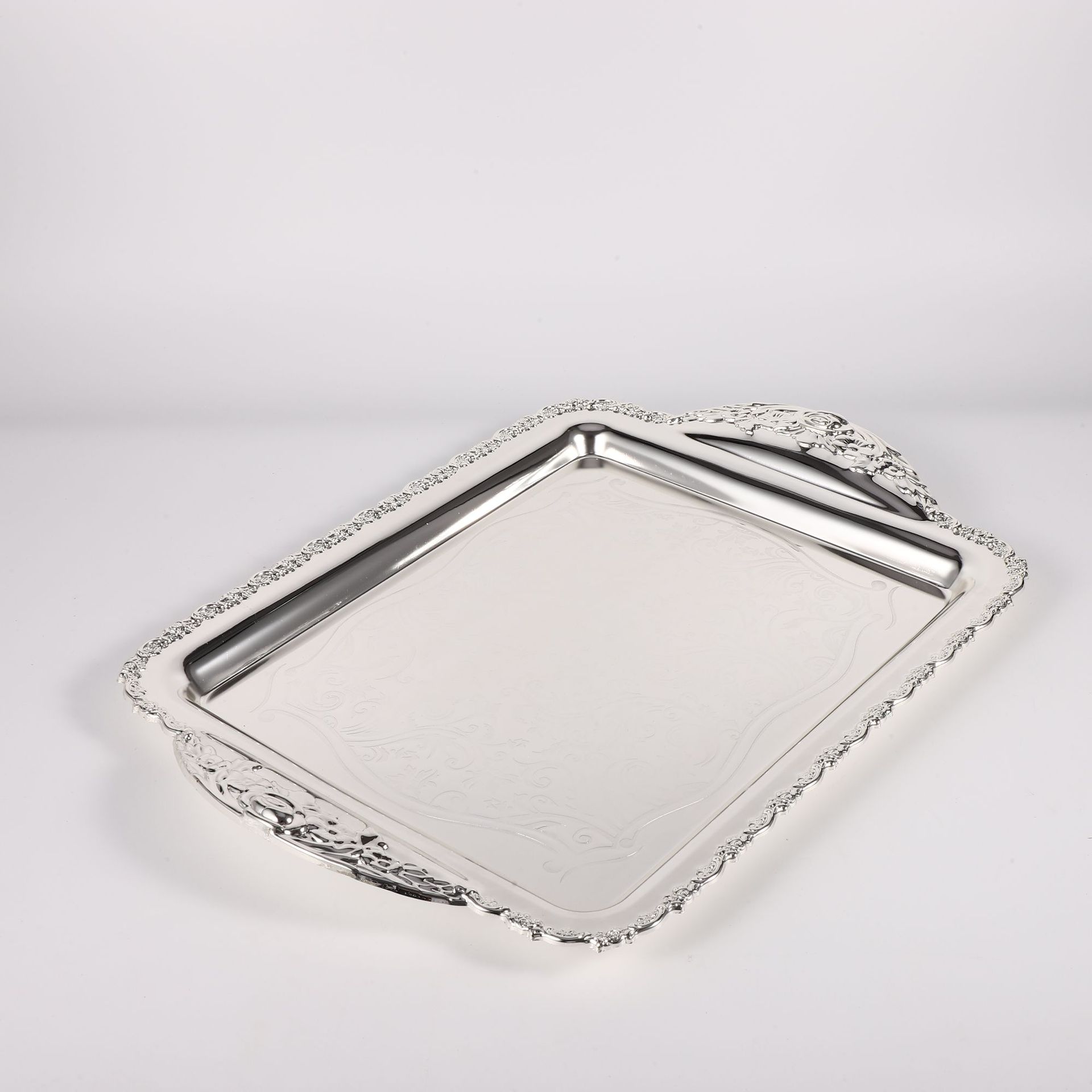 European-Style Pattern Rectangular Fruit Plate Stainless Steel Golden Handle Restaurant Serving Plate Buffet Hotel Storage Plate