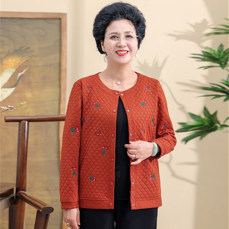 老年人秋装薄款套装女妈妈宽松绣花开衫外套老太太圆领上衣奶奶装