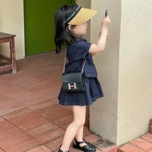 韩国童装女童2024夏季新款时髦小翻领短袖上衣百褶裙学院风套装夏