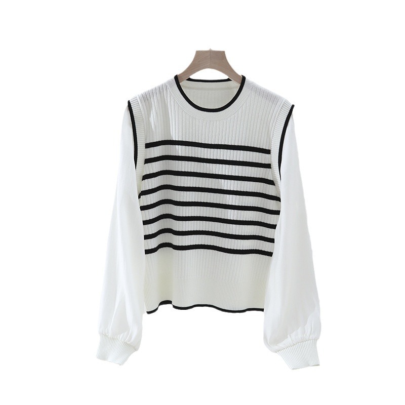 Quality Light Luxury Machine Washable Fake Two-Piece Striped Patchwork Top 2024 Spring New Black and White Color Matching Sweater Women Clothes