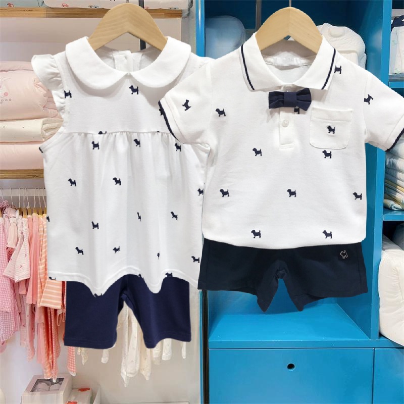 小狗童装夏款男童领结polo衫套装女童连衣裙裤子姐弟装ms440701