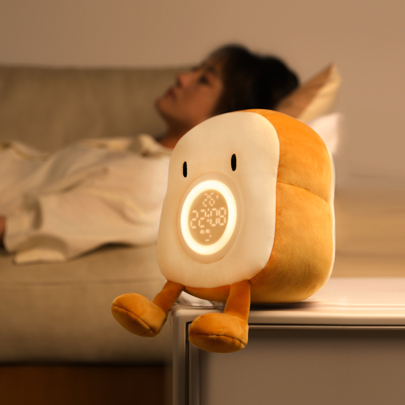 Plush Charging Children Sleep Companion Mate Toast Alarm Clock Student Only Alarm Clock Small Night Lamp One-Piece Wake-up Artifact
