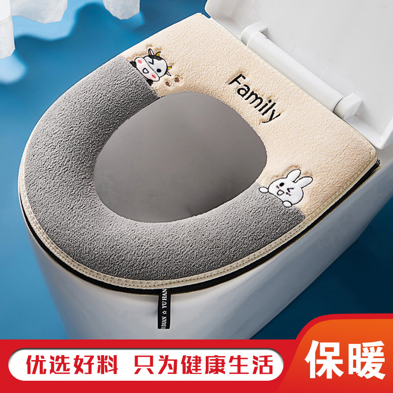 Supply with Handle Toilet Mat Velcro Zipper Cushion Winter Toilet Seat Cover Embroidery Pattern Toilet Cover