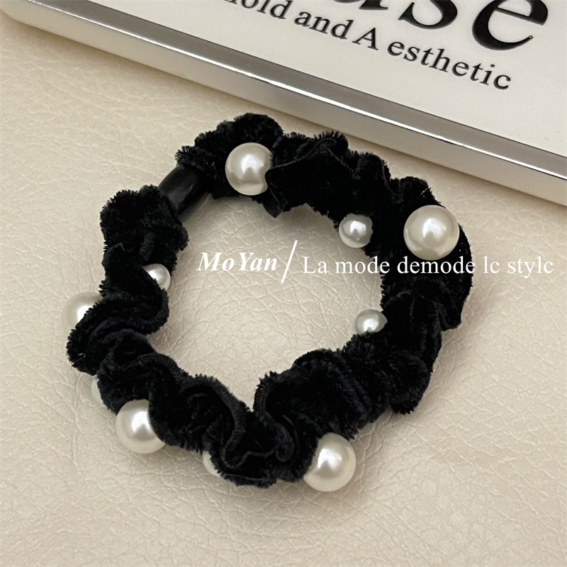 Korean Style Flannel Headband Pearl Small Intestine Hair Band Simple Black Rough Hair Rope Temperament Ponytail Tie-up Hair Rubber Band
