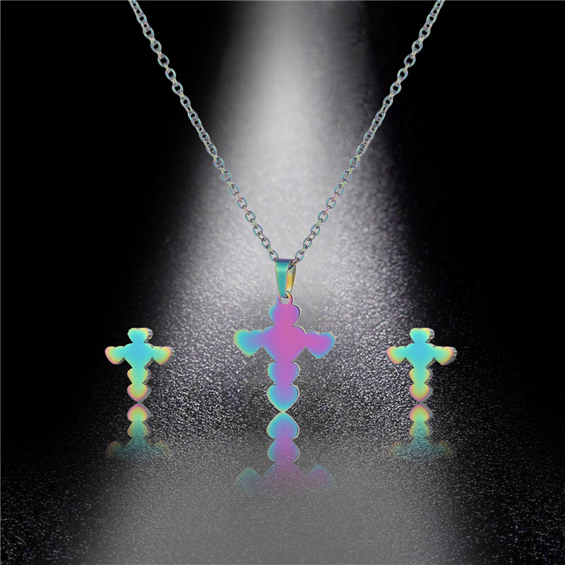 Europe and America Cross Border Love Cross Necklace and Earring Suit Personality Trend Stainless Steel Glossy Heart-Shaped Collarbone Necklace Female