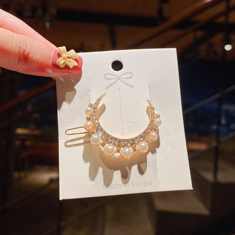 时尚珍珠镶钻月亮发夹女 甜美系金属边夹刘海满钻合金夹网红头饰