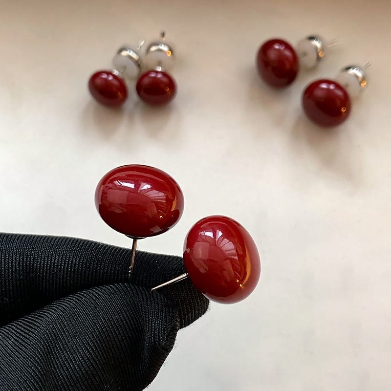 earrings festive cherry cherry-shaped earrings high-grade earrings sterling silver needle wine red small peas steamed bread ear studs for women