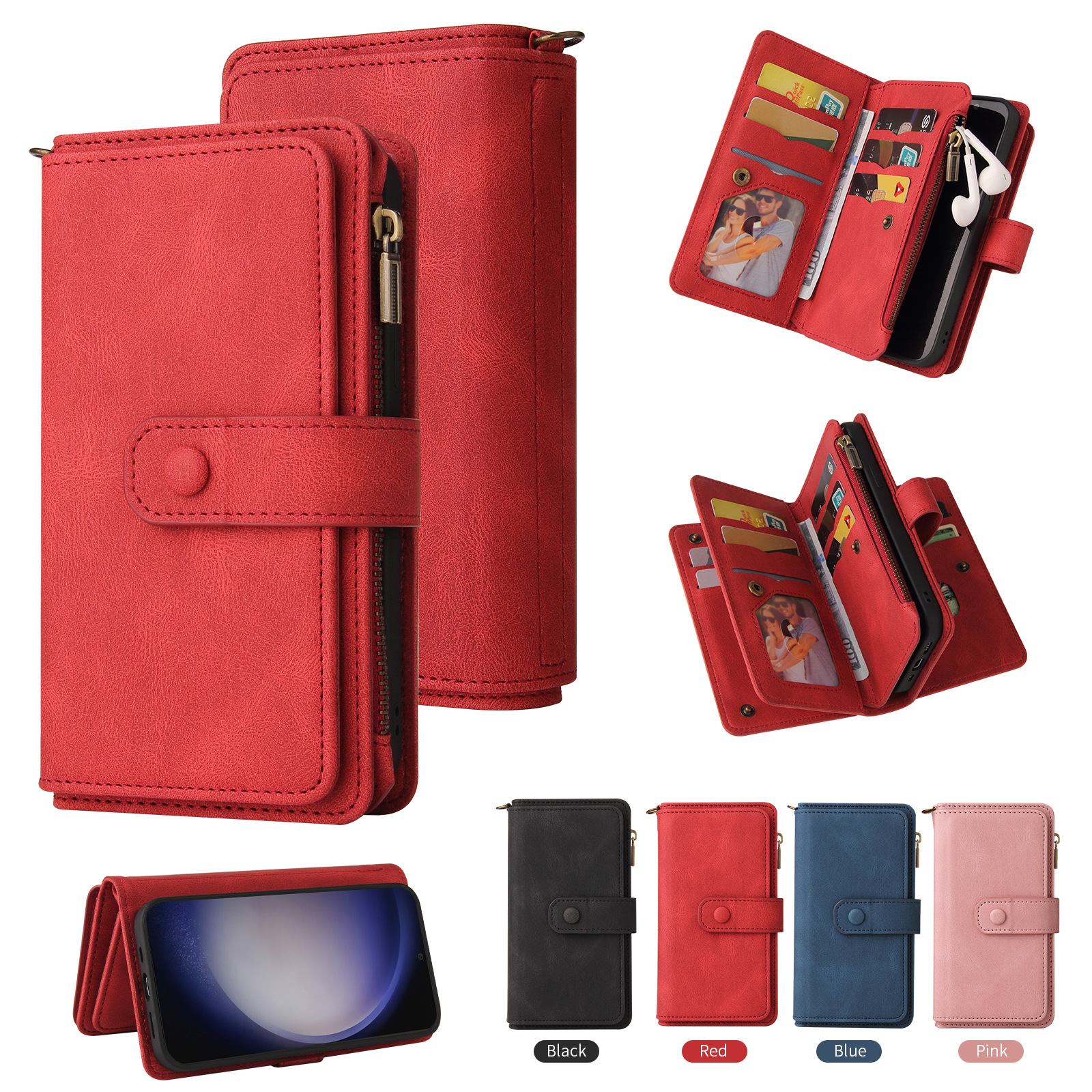 适用于三星s24手机皮 a15肤感磨砂插卡拉链钱包谷歌8a