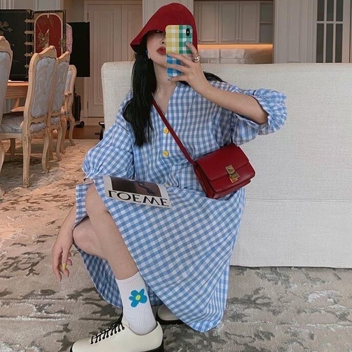 2024新款法式桔梗风ins超仙女森系复古格子衬衫连衣裙子夏-阿里巴巴