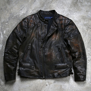 日系复古复刻rrl立领斜拉链真皮皮衣男手工擦色做旧油蜡牛皮夹克