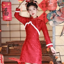 红色过年旗袍小袄唐装新中式改良小个子旗袍加厚拜年服新年战袍
