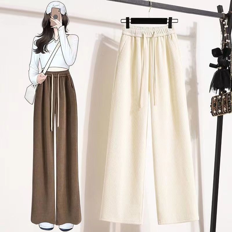 150.00kg plus Size Fleece-lined Thickening Wide Leg Pants Women's Winter Drawstring High Waist Loose and Slimming Straight Casual Mopping Pants