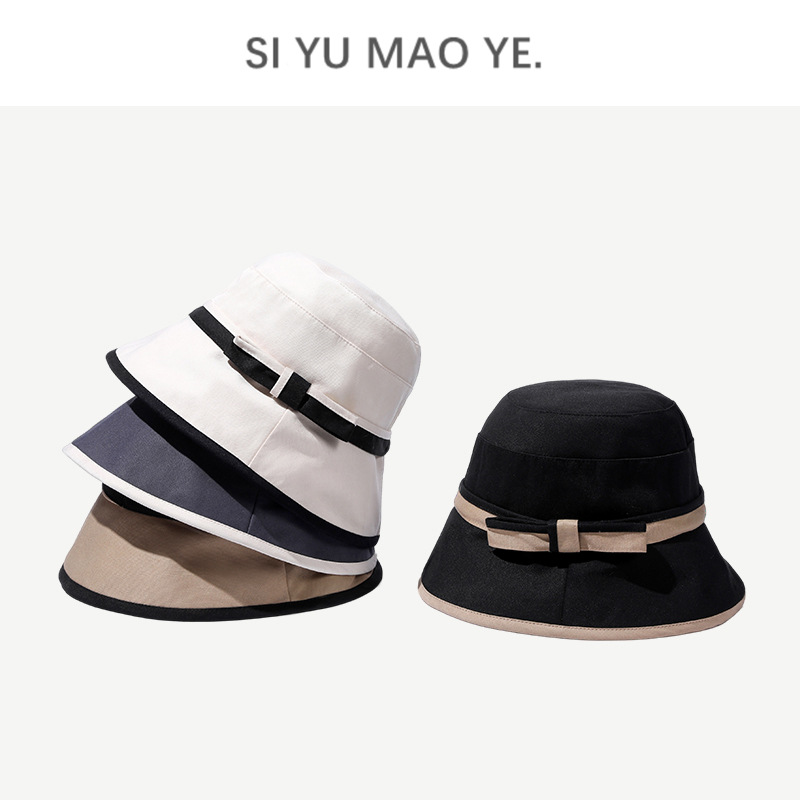 2022 Two-Color Patch Bow Fisherman Hat Women's Niche Designer Japanese and Korean Style Sun-Proof Sun Bucket Hat Casual