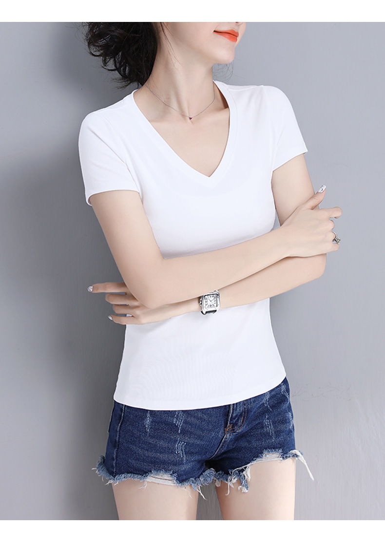 白色v领短袖女修身百搭韩版纯棉t恤衫批发夏季上衣女士打底衫潮