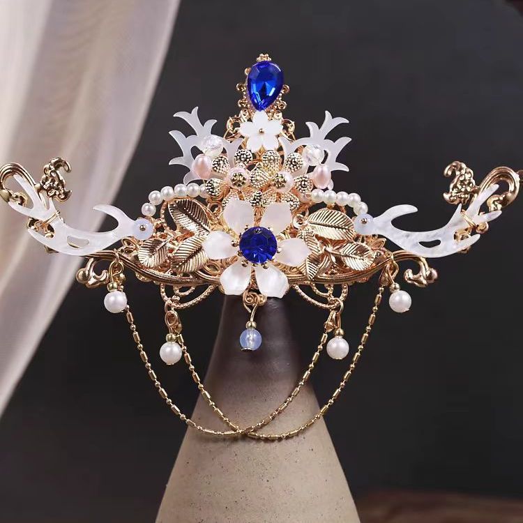 汉服发饰女超仙白龙角发冠古风饰品发钗古装秀禾明制流苏凤冠配饰