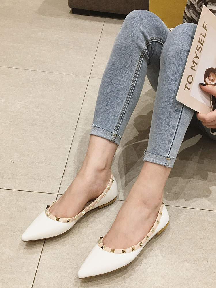 a12铆钉鞋女平底2024新款春秋平跟尖头平底鞋女柳钉浅口百搭单鞋
