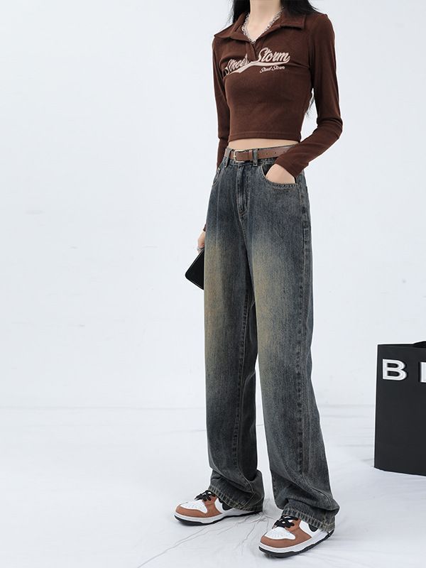 2023 Spring and Autumn High Waist Wide Leg Pants Women's Main Push Cement Color High Waist Drooping Slimming Mop Wide Leg Jeans Women