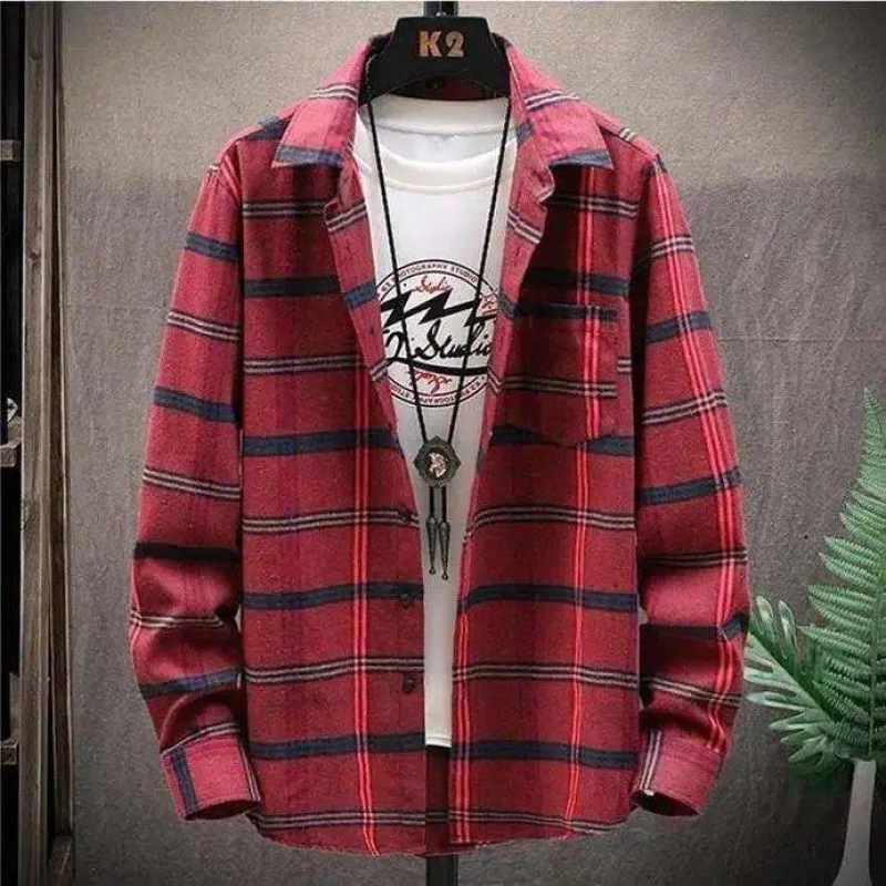 2023 Spring New Men's Shirt Long Sleeve Korean Style Student Trendy Loose Plaid Shirt Spring Coat Men