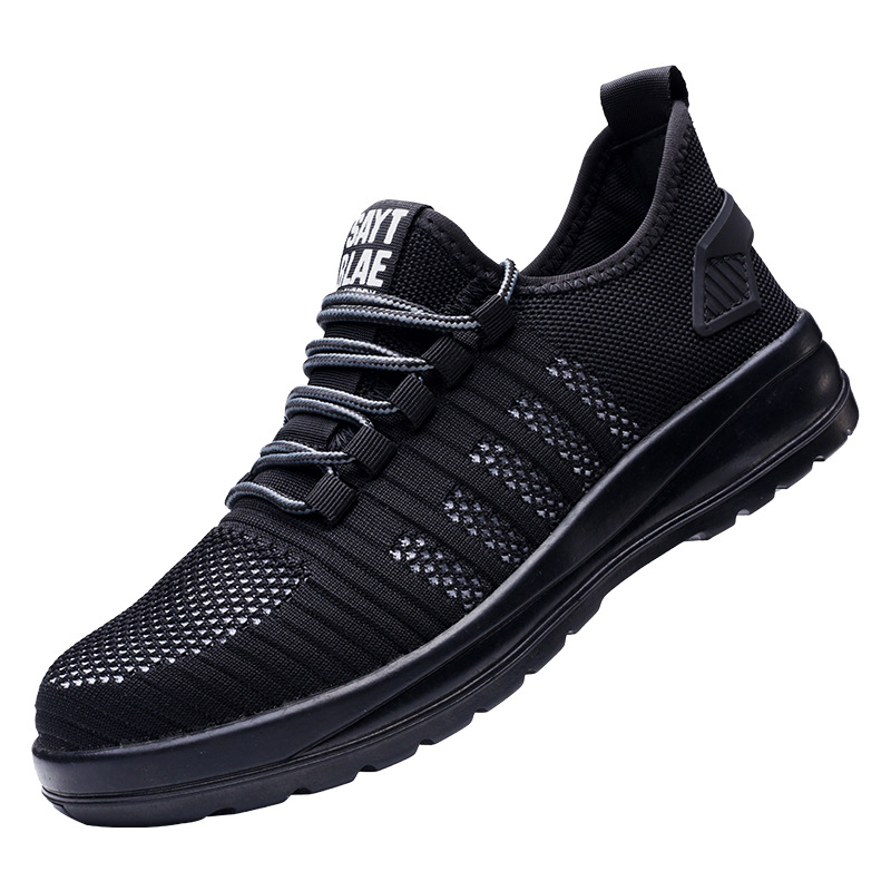 Spring and Autumn New Flying Woven Labor Protection Shoes Men's Gray Black Steel Toe Cap Protective Shoes Lightweight Breathable Work Shoes Wholesale