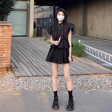 日系小个子法式气质黑色连衣裙女2024夏季韩系显瘦荷叶边蛋糕裙