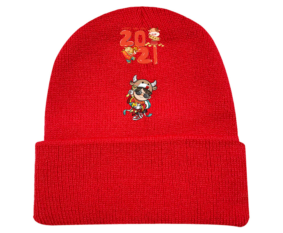 牛年跨境针织帽女 2021新款现货帽子百搭印花情侣定制保暖线绒帽