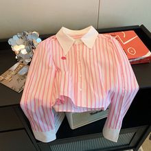 粉色条纹polo领短款衬衫秋女2023设计感小众减龄百搭气质长袖衬衣