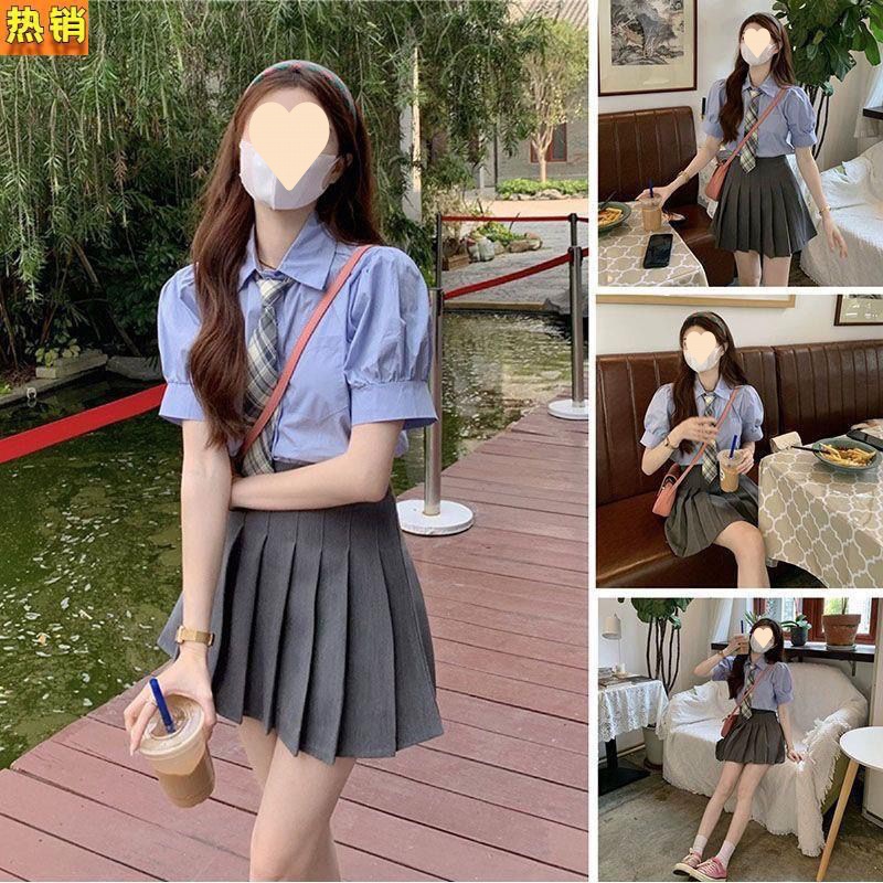 套装夏网红盐系炸街衬衫百褶短裙子淑女甜美学院风洋气气质两件套