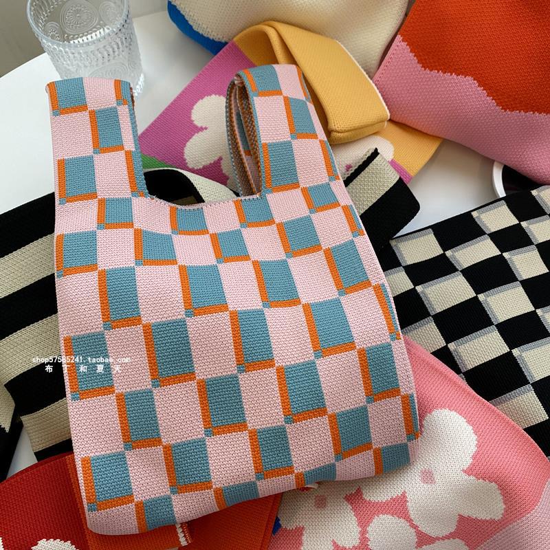 Vest Bag Vest Bag Trend Knitting Hand Bag Handbag Bag Flower Chessboard Plaid Contrast Color Korean Ins Style