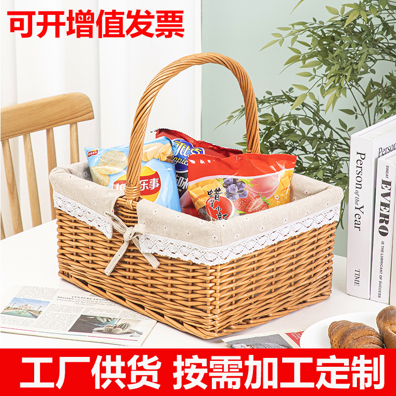 Storage Basket Picnic Basket with Lid Rattan Woven Basket Pastoral Woven Cleaning Basket Gift Fruit Shopping Flower Basket