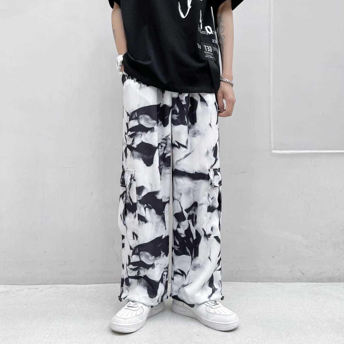 黑白迷彩扎染美军工装裤子高街ins潮日系oversize裤子男夏季薄款